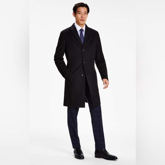 Tommy Hilfiger FLEX Mens Black Pinstripe Wool Blend Overcoat, 40 Reg - Picture 1 of 6